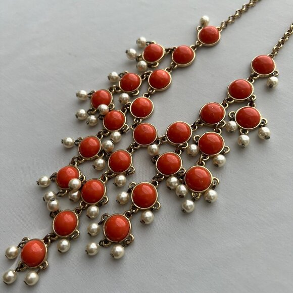 Orange Lucite Gold Tone Festoon Bib Style Dangle Costume Fashion Estate Necklace - Picture 6 of 7